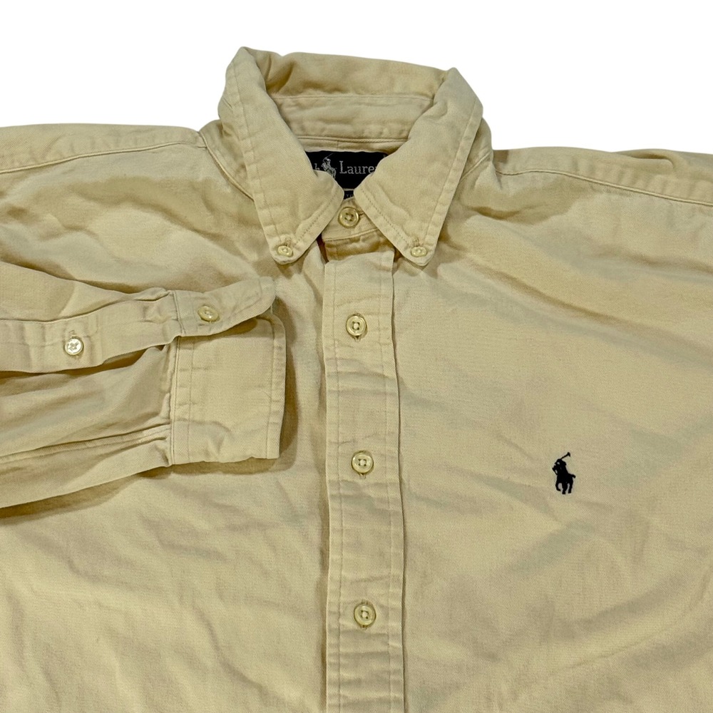 VTG Ralph Lauren Button Down Shirt Mens Large Tan Beige Cotton Twill Prep Pony